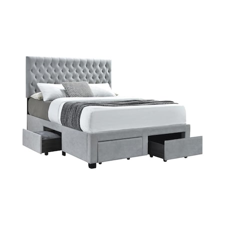 Benjara Fabric Upholstered Wooden Queen Size Bed with Bottom Drawers, Gray BM215859